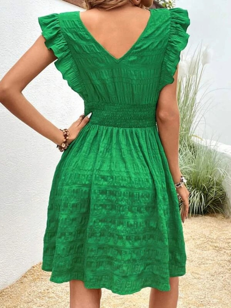 V-neck Pleated Ruffles Solid Color Mini&Short Dresses