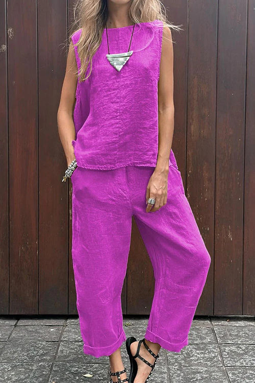 Casual Sleeveless Pullover Top Wide Leg Pants Cotton Linen Set