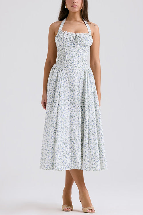 Halter Sleeveless Ruched Waist Floral Print Swing Midi Dress