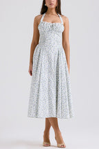 Halter Sleeveless Ruched Waist Floral Print Swing Midi Dress
