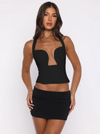 Hollow-out Bralette With Underwire, Tight-fitting Solid Color Halter Neck Double-layer Vest