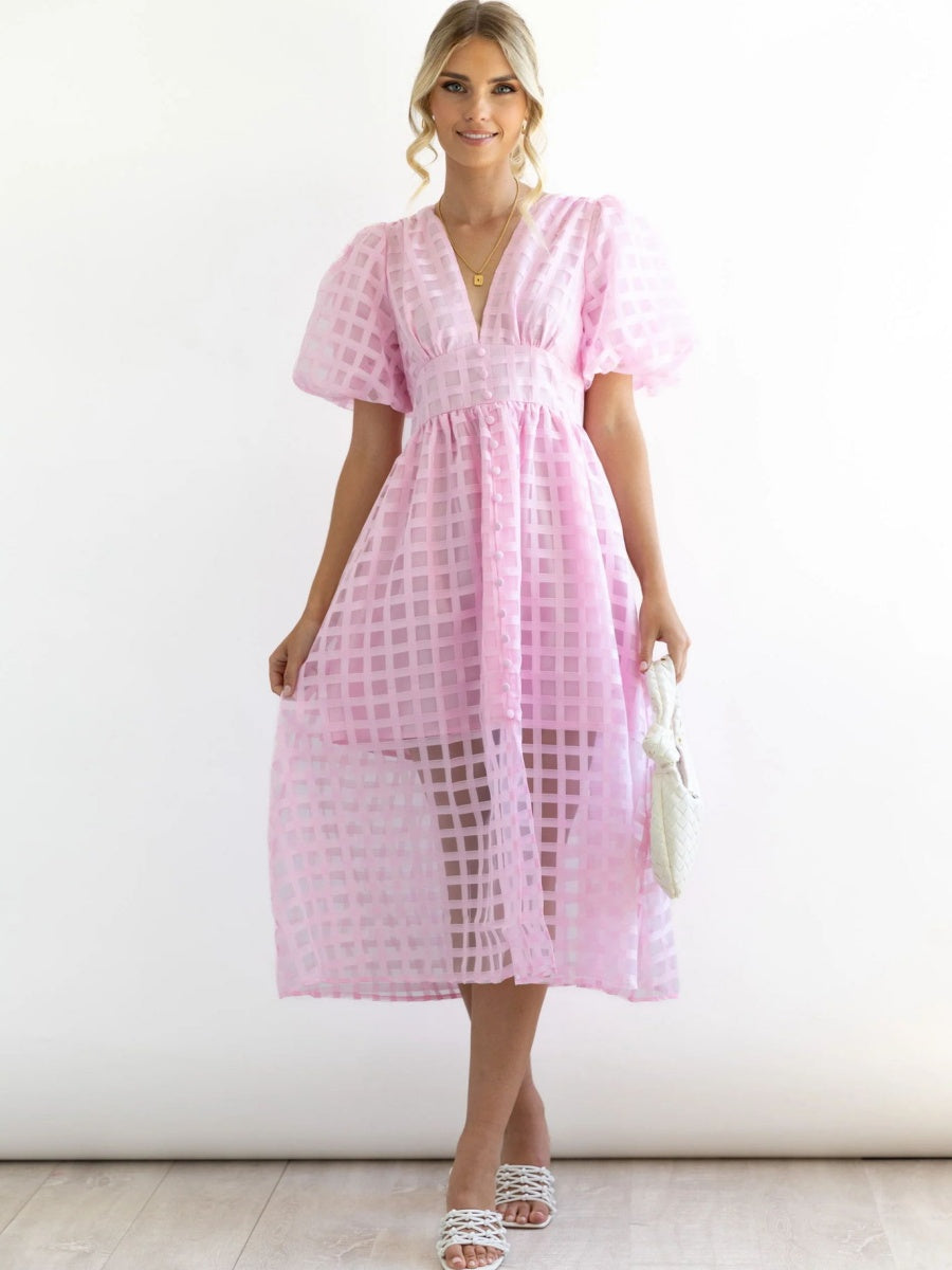 Balloon Sleeve Color Hollow Temperament Midi Dresses