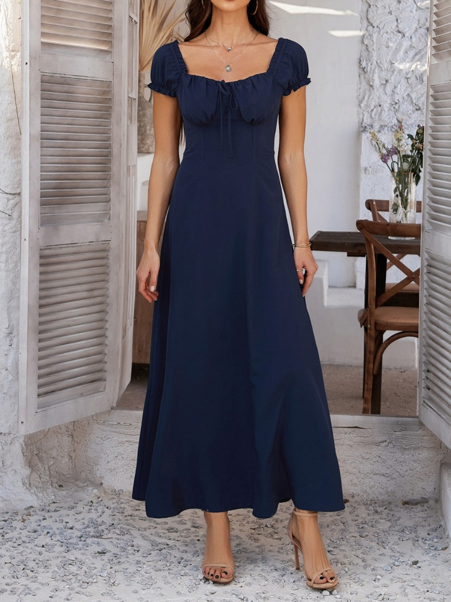 Tie-waist Ruched Puff Sleeve Long Dress