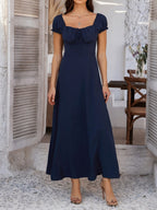 Tie-waist Ruched Puff Sleeve Long Dress