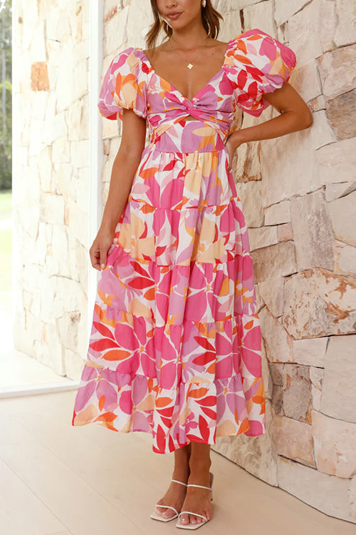 Twist Knot Cut Out Puffle Sleeves Printed Ruffle Maxi Dress