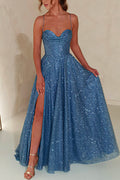 Lace Up Backless High Slit Corset Glitter Maxi Gown Dress