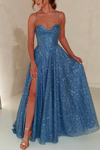 Lace Up Backless High Slit Corset Glitter Maxi Gown Dress
