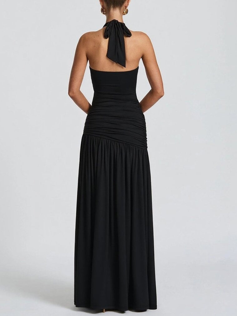 Halter-neck, Backless, Fitted, Solid Color, Slit Long Dress