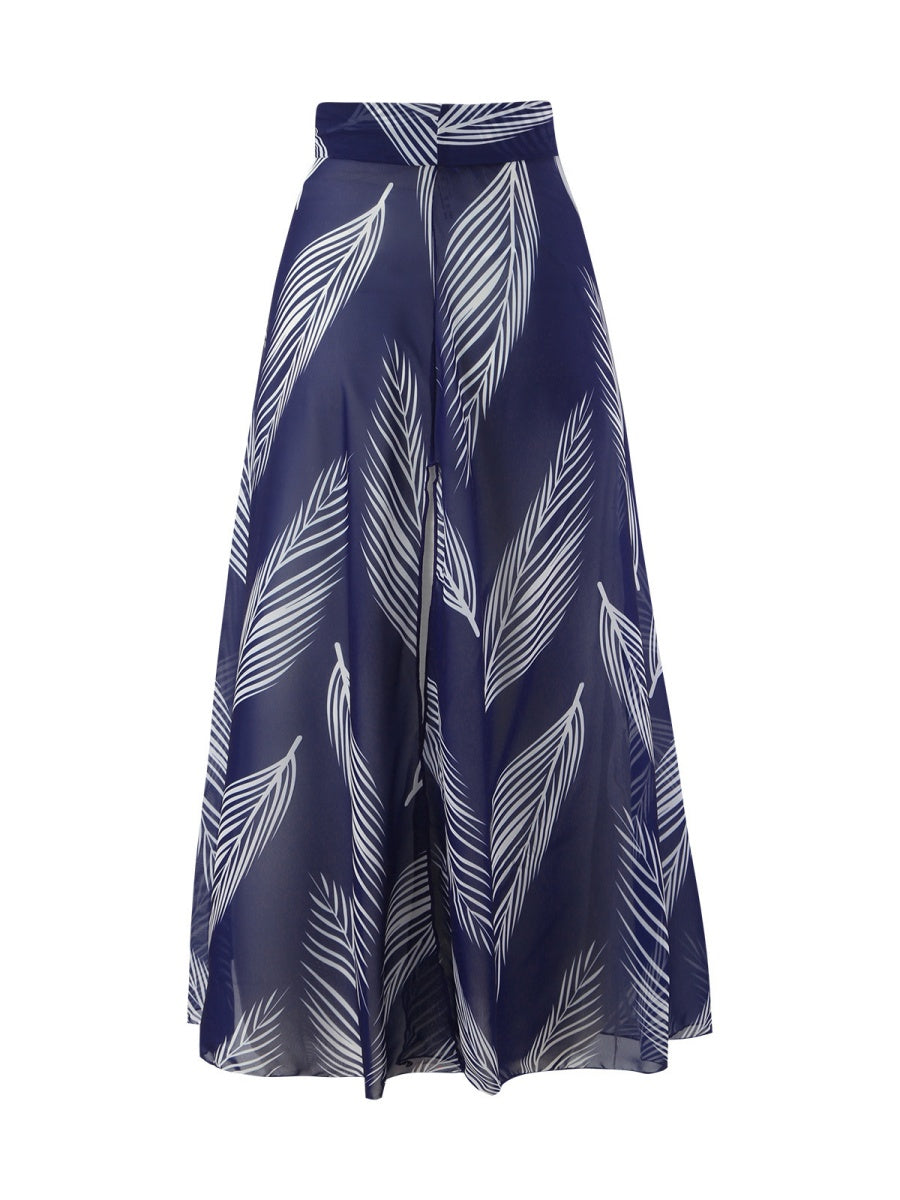 Feather Print Two-Piece Swimsuit With Sun Protection And Skirt (Three-Piece Set)
