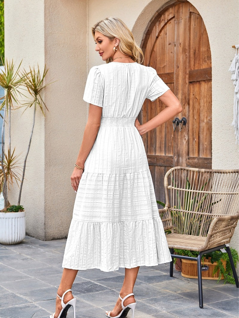 V-neck, Gathered, Puff Sleeve, Full Skirt, Short-sleeved Long Dress