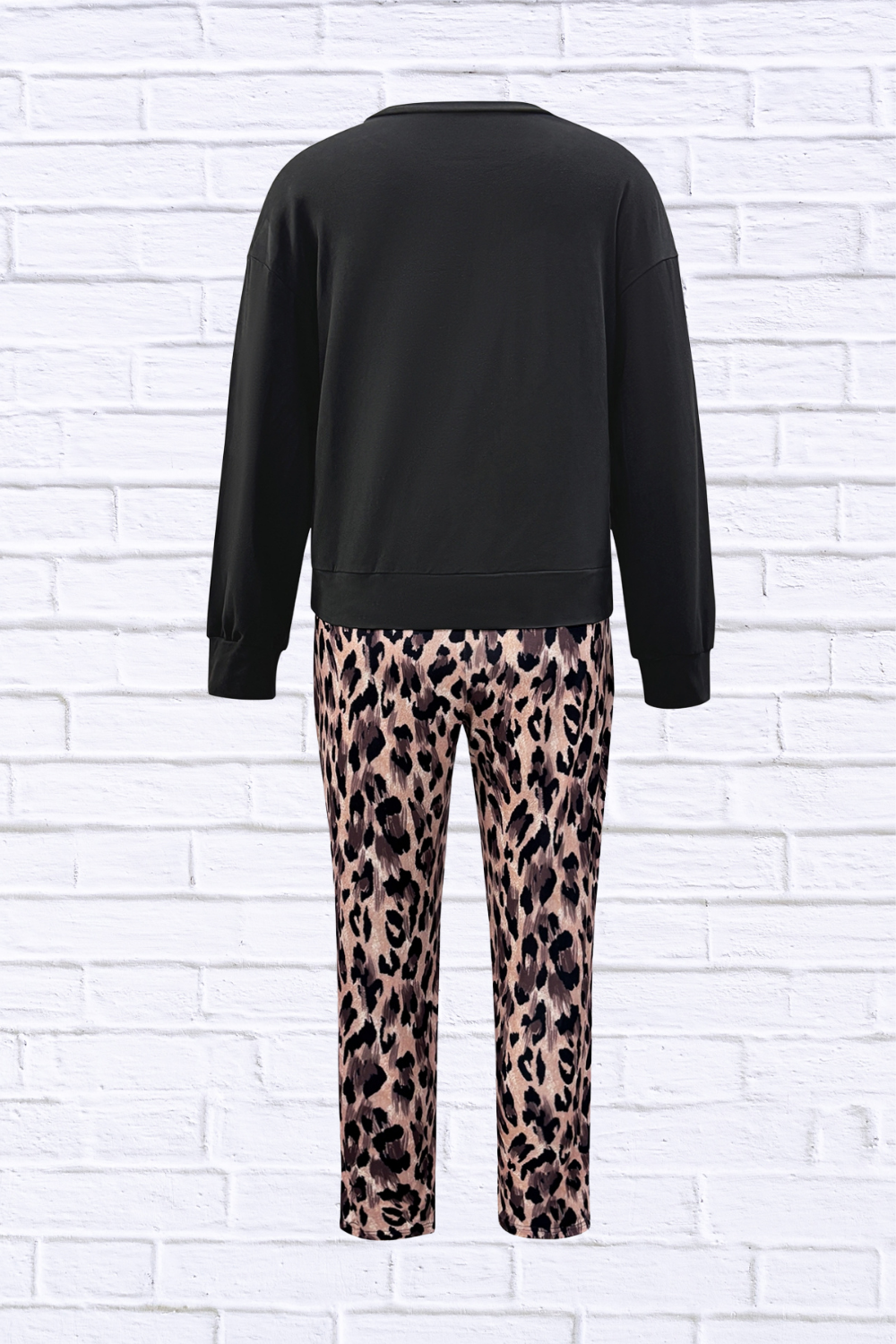 Round Neck Top and Leopard Pants Set _ Women__ Two-Piece Casual Chic Outfit for Everyday Style