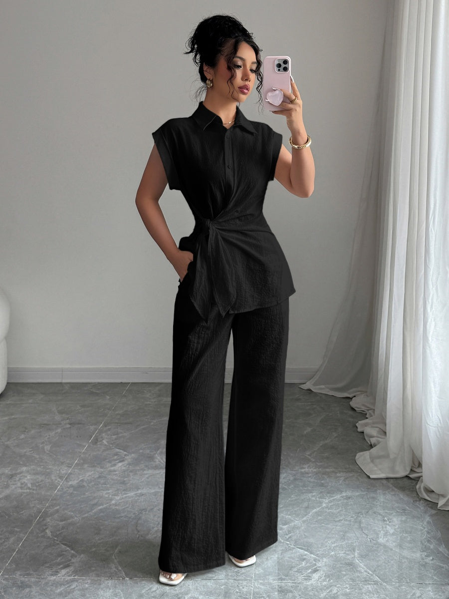 Lapel Sleeveless Kink Shirts Wide-leg Pants Business Suit 2-piece Sets