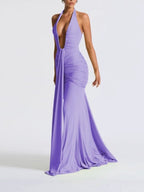 Halter Neck Deep V-neck Fitted Waist Long Dress Sexy Backless Ribbon Fishtail Long Dress