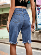 Distressed Fringe Hem Denim Shorts
