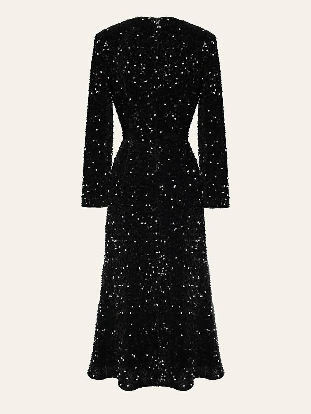 Crew Neck Long Sleeve Allover Sequin Bodycon Midi Dress