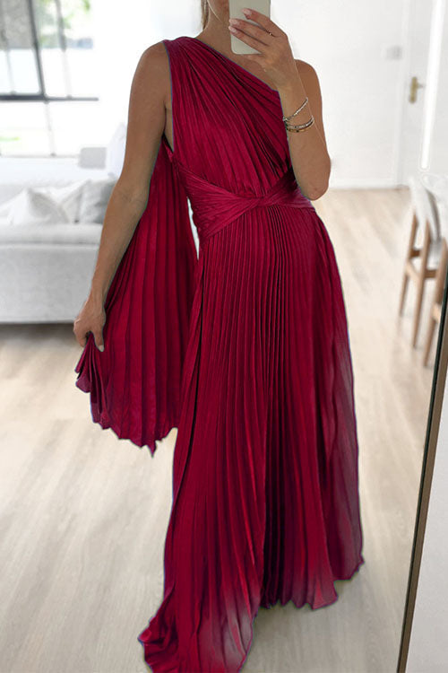 Draped One Shoulder Waisted Pleated Maxi Party Dress