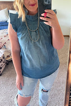 Mockneck Flutter Sleeves Ruched Denim Top