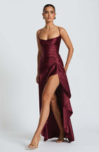 Spaghetti Strap Backless Ruffled Irregular Long Dress