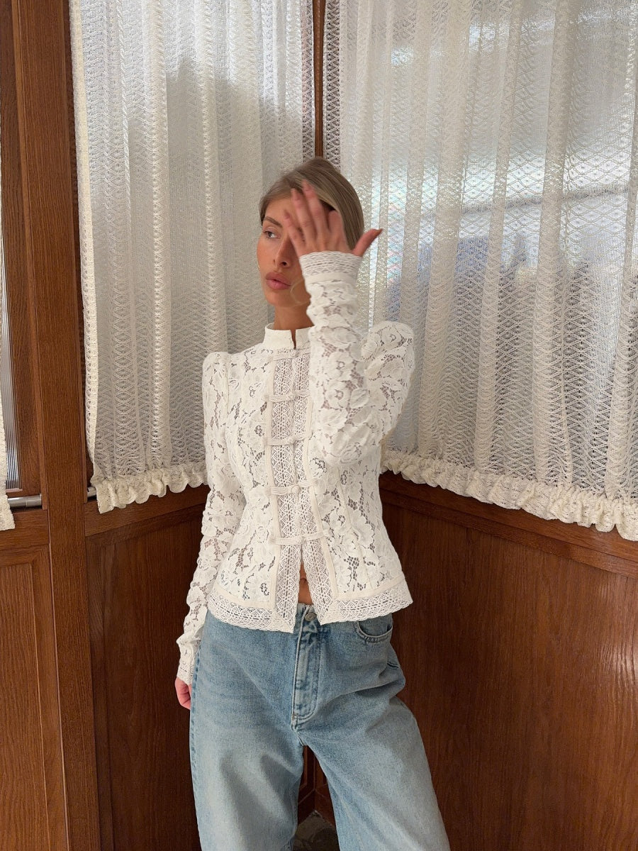 Lace Crochet Stand Collar Slim-fit Long Sleeve Sheer Top