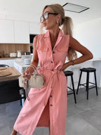 Sleeveless Tie-waist Single-breasted Denim Maxi Dress