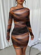 Pleated Slim-fit Hip-hugging Slant Collar Printed Mini&Short Dresses
