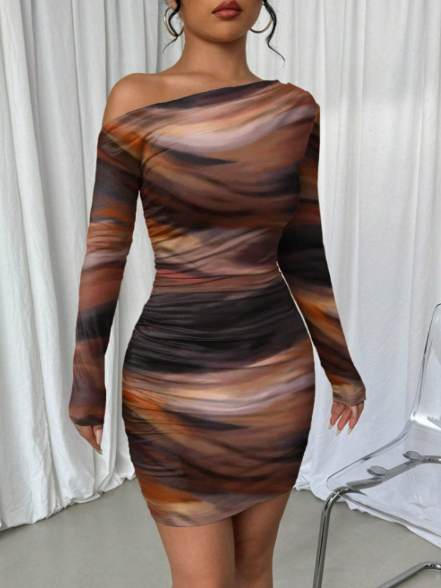 Pleated Slim-fit Hip-hugging Slant Collar Printed Mini&Short Dresses