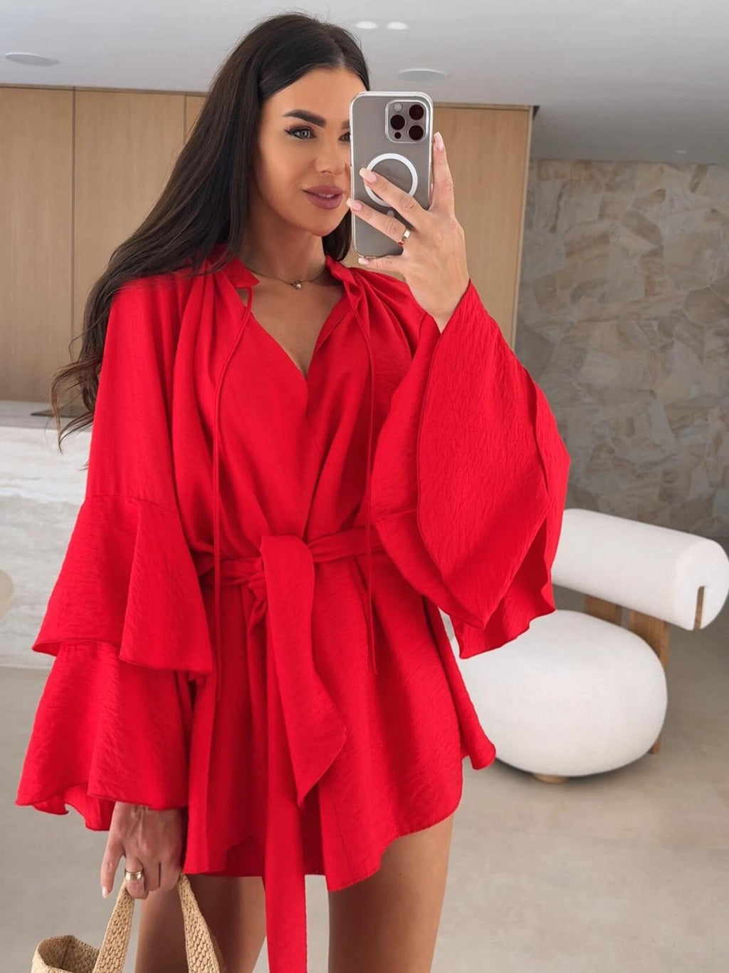 V-neck, Irregular Tie-waist, Long-sleeved, Loose-fitting Short Dress