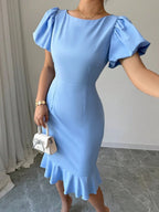 Round Neck Lantern Sleeve Ruffled Fishtail Midi Dress