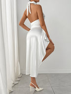 Satin High Fork Crew Neck Halter Backless Pleated Long Dress