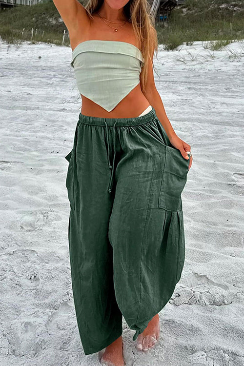 Drawstring Waist Pockets Wide Leg Cotton Linen Pants