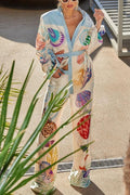 Tropic Print Long Sleeves Blouse Shirt Wide Leg Pants Set
