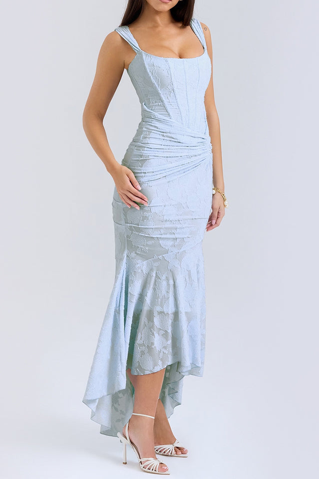 Off Shoulder Corset Jacquard Ruched High Low Maxi Dress