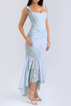 Off Shoulder Corset Jacquard Ruched High Low Maxi Dress