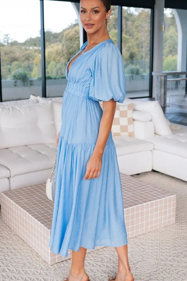 Deep V-Neck Smocked Waist Puff Sleeve Tiered Midi Dress