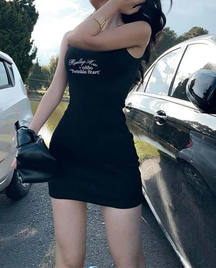 Ribbed Knit Letter Print Scoop Neck Tank Bodycon Mini Dress