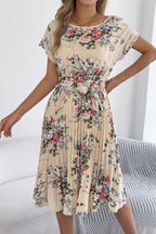 Floral Print Round Neck Fitted Waist Tie Pleated Midi Dress