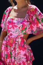 Floral Print Square Neck Cape Sleeve Cut Out Waist Tiered Maxi Dress