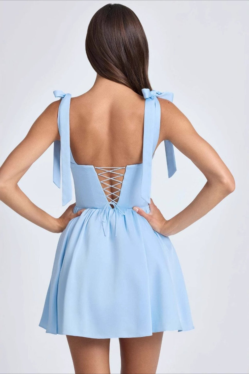 Square Neck Bow Tie Strap Corset Basque Waist Flared Mini Dress