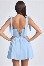 Square Neck Bow Tie Strap Corset Basque Waist Flared Mini Dress