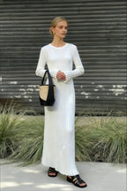 Ribbed Knit Crew Neck Long Sleeve Ruffle Cuff Maxi Dress