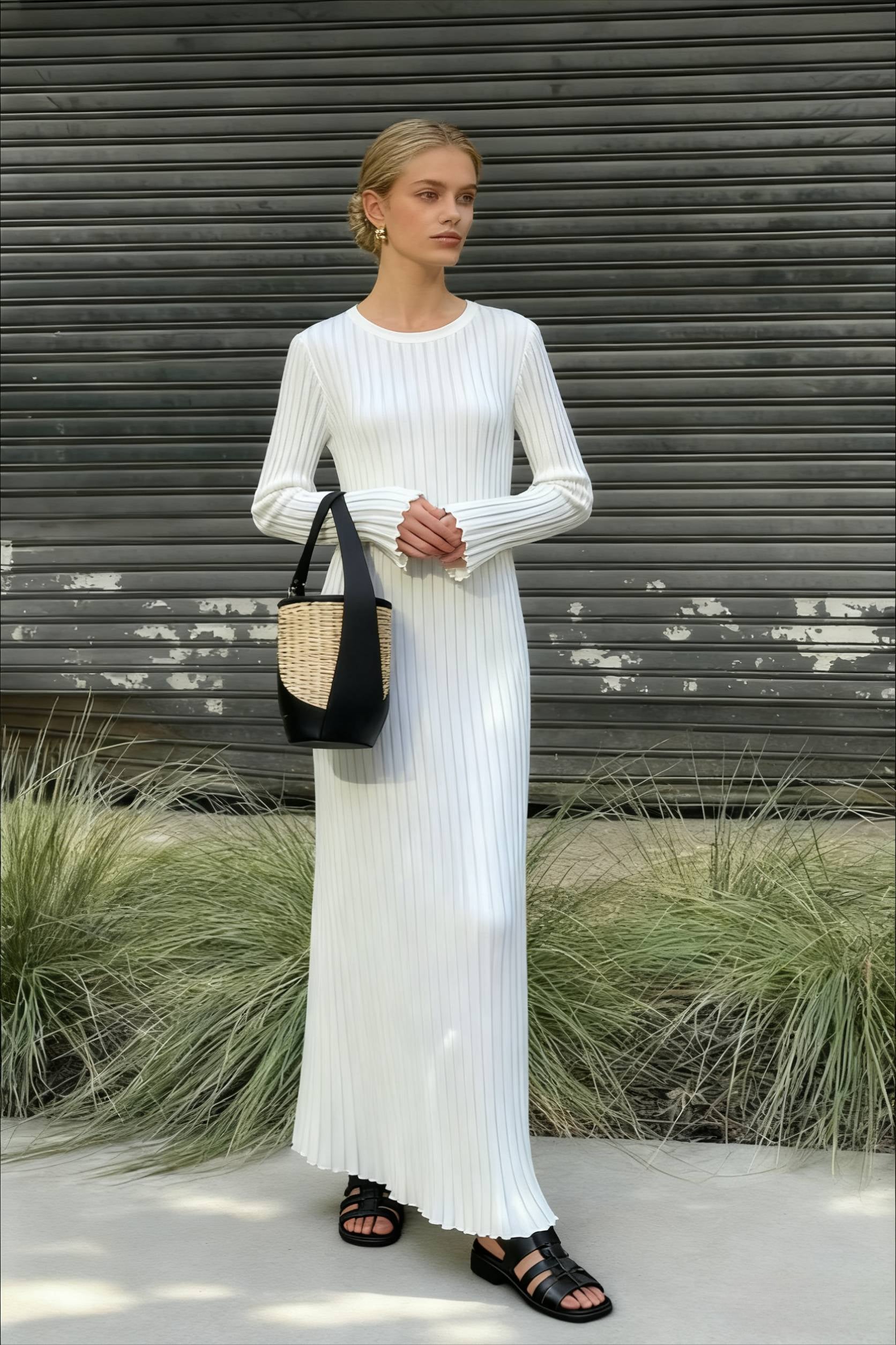 Ribbed Knit Crew Neck Long Sleeve Ruffle Cuff Maxi Dress