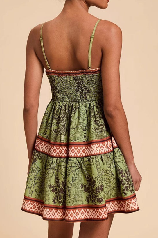 Green Spaghetti Strap Sweetheart Neck Geometric Trim Palm Print Tiered Mini Dress
