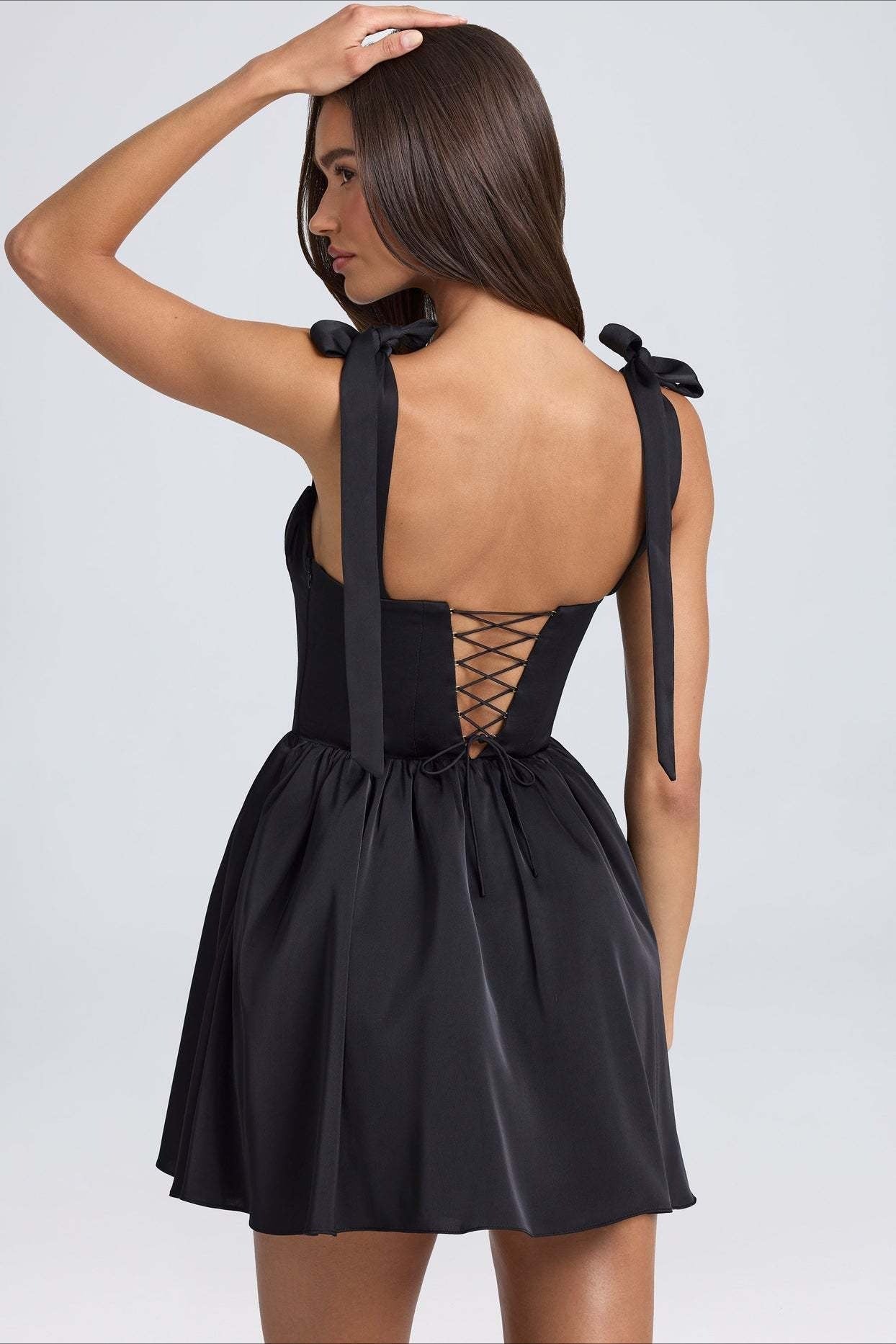 Square Neck Bow Tie Strap Corset Basque Waist Flared Mini Dress