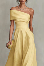 Chic One-Shoulder A-Line Midi Dress with Pockets