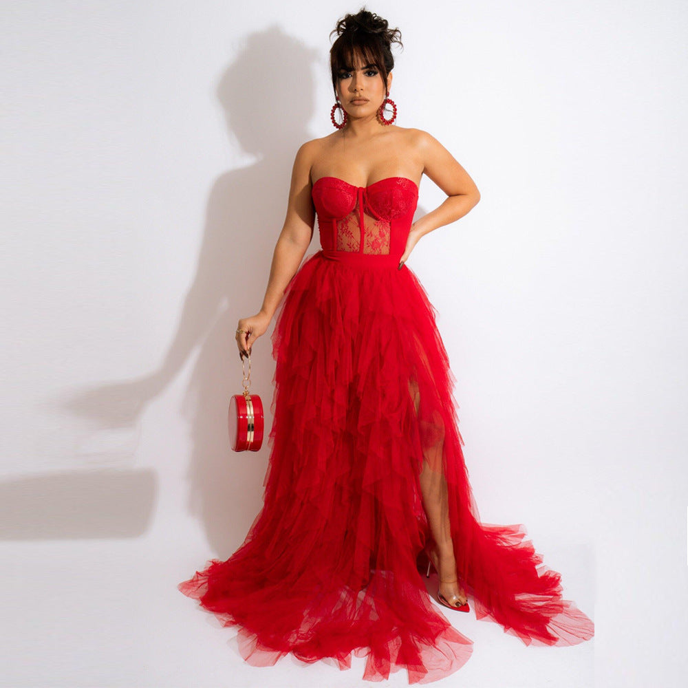 Lace Corset Tulle Dress with Strapless Design and Slit