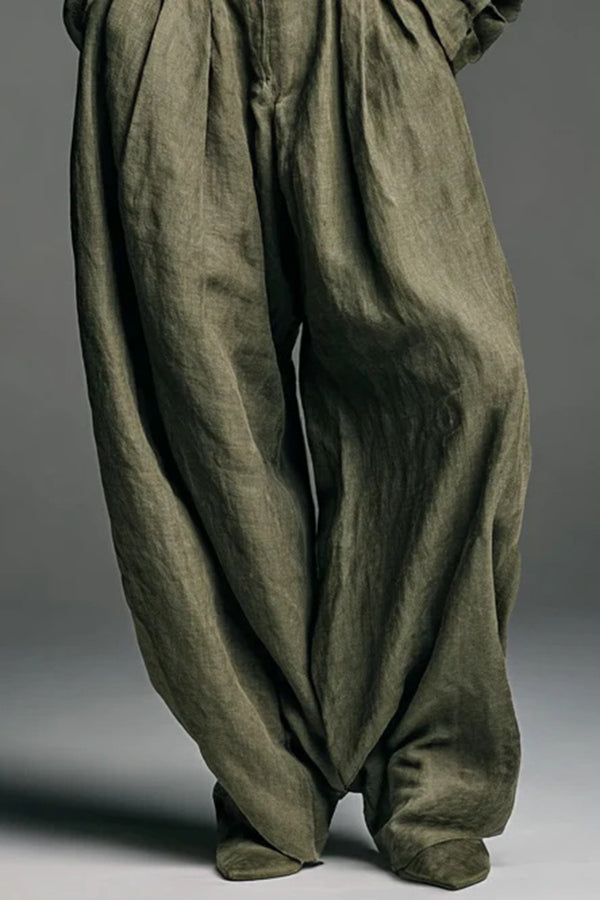 Linen Blend Lapel Long-sleeved Casual Shirt and High-waist Pocket Loose Wide-leg Pants Set