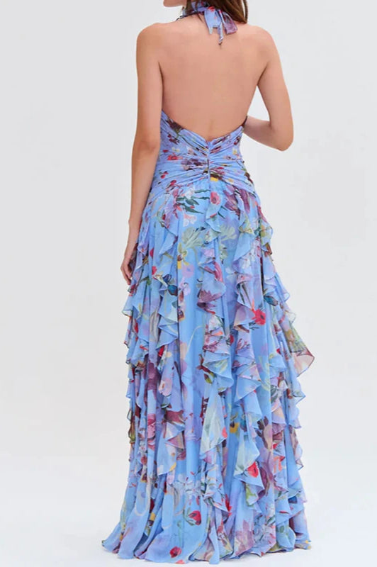 Floral Halter Neck Deep V-Neck Ruffle Trim Tiered Ruffle High Split Maxi Dress