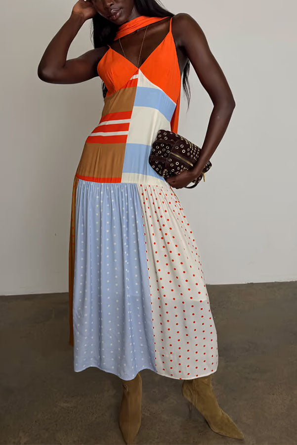 Vibrant Touch Color-blocked Polka Dot Print Slip Pleated Hem Maxi Dress