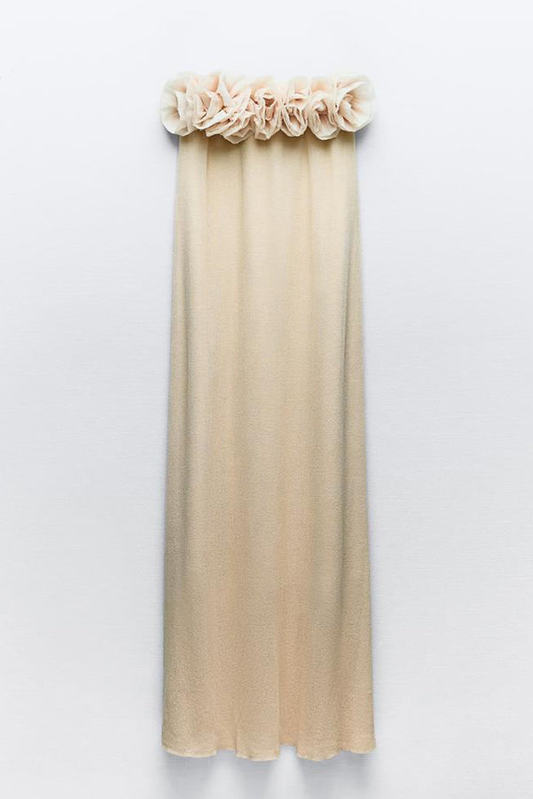 Strapless 3D Floral Rosette Applique Column Maxi Dress