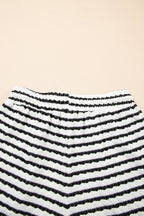 Black Stripe Knitted Short Sleeve Top and Drawstring Shorts Set